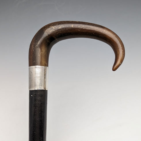 1907 British Antique Men's Cane Horn Handle Sterling Silver Decoration Black Shaft 88cm